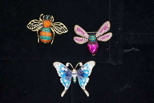 Set of 3 Rimstone Encrusted Insect Brooch