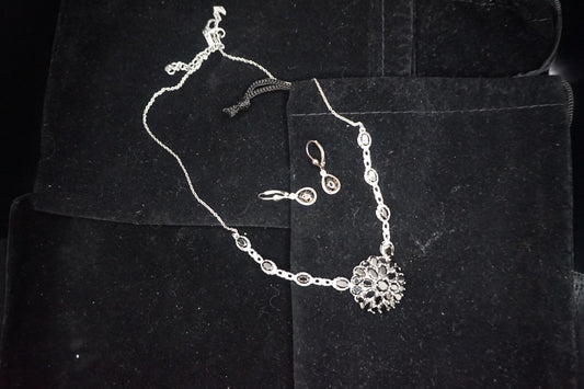 Shungite Flower cut Silver Necklace with Matching Earrings